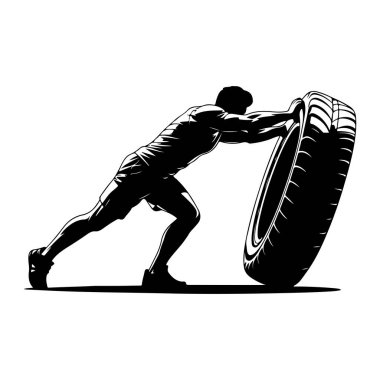 Büyük bir lastiği iten kaslı bir adamın siyah beyaz silueti. Adam kolları açık bir şekilde öne doğru eğiliyor. Güç kullanırken vücudu açılı. Bacakları bükülmüş ve kasları siluette tanımlanmış. Lastik büyük ve... 