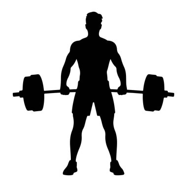Kaslı bir adamın siyah bir silueti göğsünde bir halterle ayakta duruyor. O şort ve spor ayakkabıları giyiyor. Arkaplan beyaz.