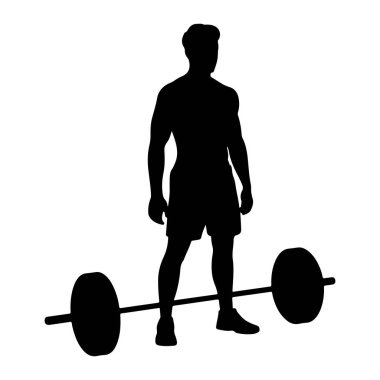 Önünde duran halterle kaslı bir adamın siyah silueti. Adam şort ve spor ayakkabısı giyiyor. Halterin her iki ucunda dairesel ağırlık plakaları var. Arka plan bembeyaz..