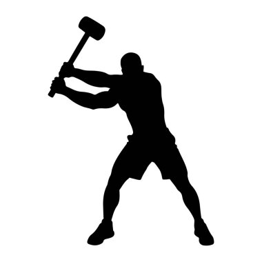 Şort ve spor ayakkabı giyen kaslı bir adamın siyah silueti büyük bir balyoz ile salıncakta sallanırken resmedilir. Vücudu açılı, denge için bacaklarını ayırıyor ve kolları aleti sallamak için güçlü bir şekilde uzanıyor. Görüntü bir süre izole edilmiş.