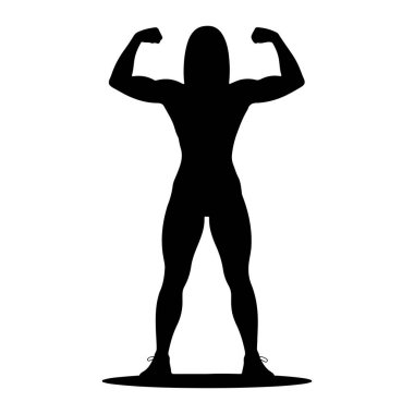 Kaslı bir insanın siyah silueti kolları bükülmüş, pazılarını sergiliyor. Şeklin uzun bir kafa şekli var ve atletik ayakkabılar giyiyor. Siluet beyaz bir arkaplanda izole edilmiş..