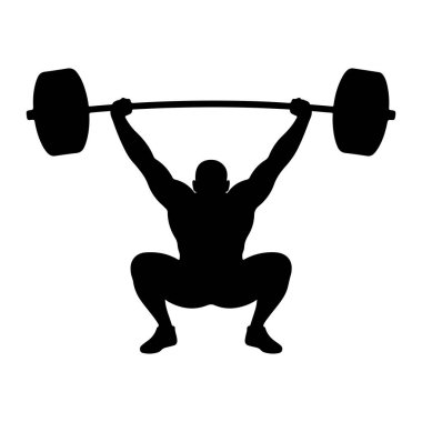 Çömelmiş vaziyette duran kaslı bir kişinin siyah silueti, kolları tamamen açık bir halteri yukarıda tutuyor. Halterin iki ucunda da ağırlık plakası var. Şekil, düz beyaz bir arkaplana karşı tasvir edilir.