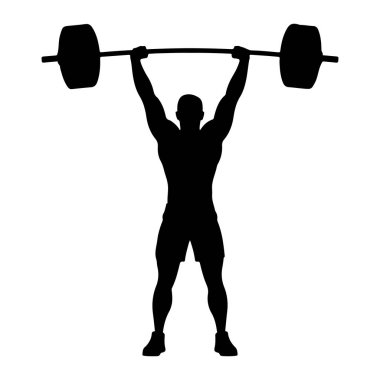 Kaslı bir insanın siyah bir silueti başınızın üzerinde duran bir halterle duruyor. Şort ve spor ayakkabısı giyiyor. Arkaplan düz beyaz.