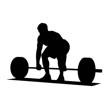 Ağır plakalarla dolu bir halteri kavrayan, çömelmiş, kaslı bir kişinin siyah silueti. Hareketin ortasında tasvir edilen figür, güçlü bir kaldırışın başladığını gösteriyor. Beyaz arkaplana karşı katıksız karşıtlık şunu vurgular: