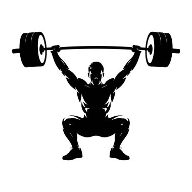Halter egzersizi yapan kaslı birinin siyah silüeti. Kişi, üzerinde halter bulunan ve gerilmiş kollarla desteklenen bir çömelme pozisyonunda. Halterin her iki ucunda büyük ağırlık plakaları var. Siluet bunu vurguluyor.