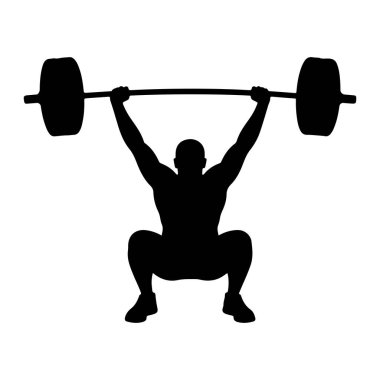 Çömelmiş vaziyette duran kaslı bir insanın siyah silueti, halteri yukarı kaldırıyor. Halterin her iki ucunda büyük ağırlık plakaları var. Kişinin kolları yukarı doğru uzanıyor, ağırlığı destekliyor. Siluet, beyaz bir sırtüstü yatar.
