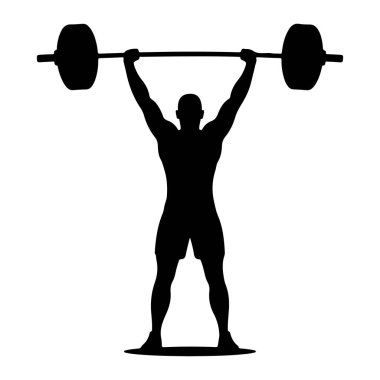 Kaslı bir insanın siyah bir silueti kollarını yukarı doğru uzatarak halteri yukarıda tutar. Bu figür dinamik bir pozla tasvir edilmiş, gücünü ve atletizmini gösteriyor. Halterin iki ucunda da ağırlık var. 