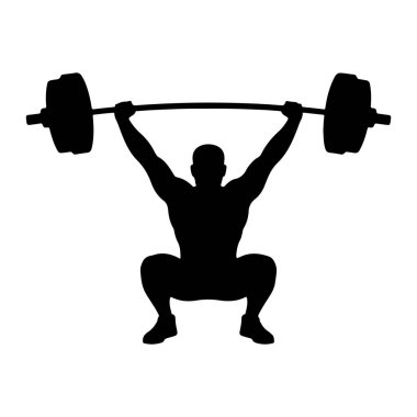 Kaslı bir insanın siyah silueti halterle kaldırma işlemi yapıyor. Şekil, kolları yukarı doğru uzanmış ve ağırlıkları iki ucunda tutularak eğiliyor. Siluet, düz beyaz bir arkaplan üzerinde titrer.