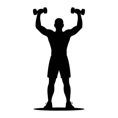 Kas yapan bir adamın siyah silueti kolları havada, her iki elinde de dambıl tutarak durur. O şort ve spor ayakkabıları giyiyor. Beyaz bir arka planda izole edilmiş olan figür, ağırlık kaldırma ve fizikçinin hareketlerine odaklandığını gösteriyor.