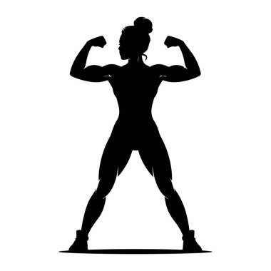 Siyah bir siluet kadın bacakları açık, kolları kaslı, kaslarını gösteriyor. Saçları topuz şeklinde. Şekil beyaz bir arkaplanda izole edilmiştir..