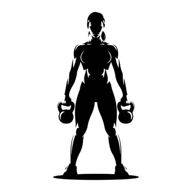 Kaslı bir kadının siyah bir silueti bacakları ayrık duruyor, her iki elinde de bir kettlebell tutuyor. Şekil detaylı, kollarında, omuzlarında ve bacaklarında tanımlanmış kaslar var. O, atletik ayakkabılar giyiyor. Arka plan sade.