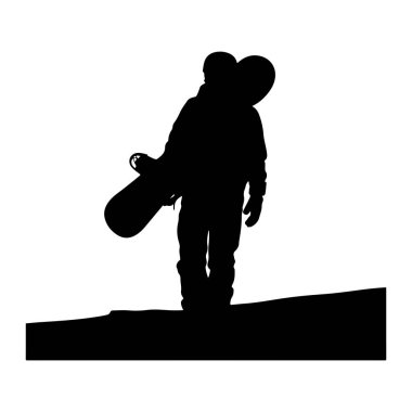 Siyah bir siluet karanlık, düzensiz bir yüzeyde duruyor ve omzunda bir snowboard taşıyor. Kışlık giysiler giyiyor, kask ve eldiven de dahil. Arka plan saf beyaz, Silho 'nun katıksız kontrastını vurguluyor.