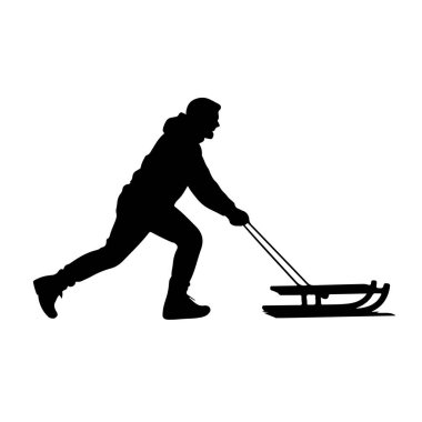 Siyah bir siluet, kapüşonlu ceket ve pantolon giyen, halatla kızak çeken biri. Kişi hareket halinde, bir bacağı uzatılmış şekilde öne doğru eğiliyor. Kızağın ahşap koltuğu ve metal koşucuları var. Arkaplan düz beyaz.