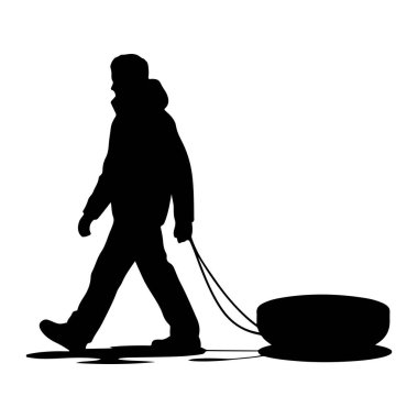 Siyah bir siluet, yürüyen ve halatla yuvarlak bir kızağı çeken biri. Kışlık giysili ve başlıklı bir figür. Kızak koyu renkli ve plastikten yapılmış gibi görünüyor. Sahne beyaz bir arka planda izole edilmiş ve gölgeler kişi başına düşüyor.