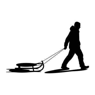 Kapüşonlu ceket giyen birinin siyah silueti halatla kızak çekerken yürür. Kızağın ahşap bir çerçevesi ve koşucuları var. Beyaz arka plandaki kişi ve kızak bir gölge oluşturur..