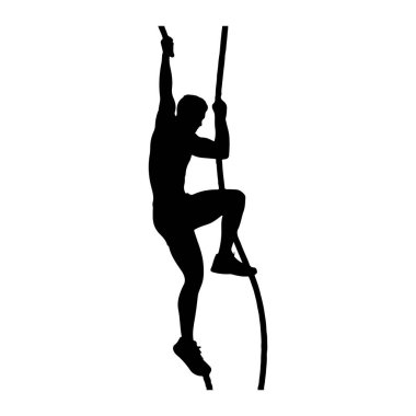 Bir adamın siyah silueti dikey bir direğe tırmanırken resmedilir. Vücudu dinamik bir şekilde yükselirken, bir kolu yukarı doğru uzanıyor ve diğeri de direği kavrıyor. Bacakları bükük, bir ayağı destek için direğin daha yukarısında..