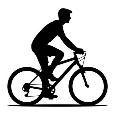 Bisiklet süren bir adamın siyah silueti beyaz arka planda resmedilir. Adam kask takıyor ve pedal çevirirken vücudunun öne doğru eğilmesiyle hareket ediyor gibi görünüyor. Bisiklet, görünür tekerlekleri, çerçevesi, kolu olan bir dağ bisikletidir!