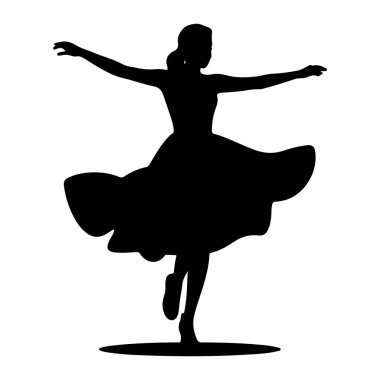 Dolu, dalgalı elbiseli bir kadının siyah silueti dansın ortasında yakalandı. Kolları açık ve vücudu zarif bir dönüş ya da kıvrım gibi açılı. Elbise çarpıcı bir şekilde parlar ve dinamik bir şekil yaratır. Bu figür izole edilmiş.