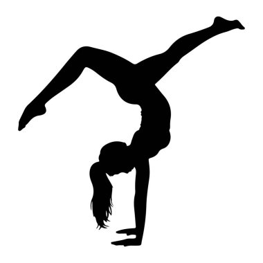 Dişi bir jimnastikçinin siyah silueti beyaz bir arka plana karşı dinamik bir amuda kalkarak çekilir. Vücudu kavisli, bir bacağı yukarı doğru uzanıyor ve diğeri bükülüyor. Başı eğik ve elleri yere konmuş, onu destekliyor.