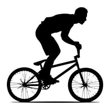 Bisiklet süren bir kişinin siyah silueti beyaz arka planda tasvir edilir. Sürücü kolları bükülmüş ve elleri gidona dayanıyor. Bisiklet BMX ya da benzer bir stile benziyor, kalın lastikleri ve küçük bir f 'si var.