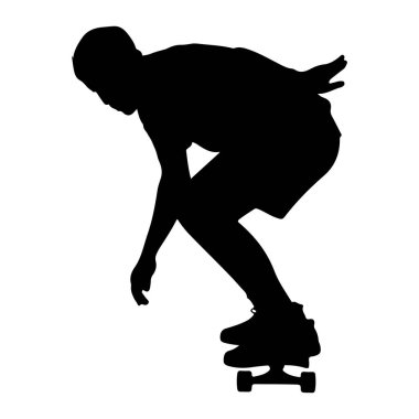 Kaykaylı bir kişinin siyah silueti beyaz bir arka planda tasvir edilir. Kaykaycı öne eğiliyor, bir kolu aşağıya doğru uzanıyor ve diğeri dirsekten eğiliyor. Bacakları bükük, bir ayağı kaykayın üzerinde ve diğer
