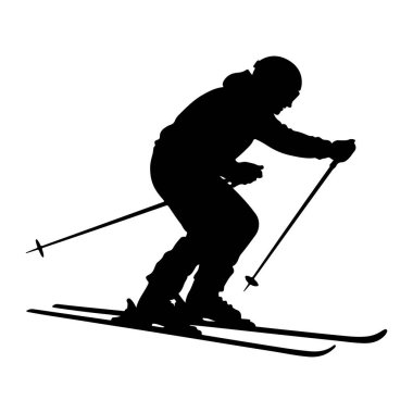 Yokuştan aşağı kayan siyah bir siluet. Kayakçı bir kask ve kışlık giysiler giyiyor, elinde kayak sopaları var ve hareketini ve hızını gösteren hareketli bir duruş sergiliyor. Kayaklar kayakçının botlarının altında görünür. Arka plan sade.