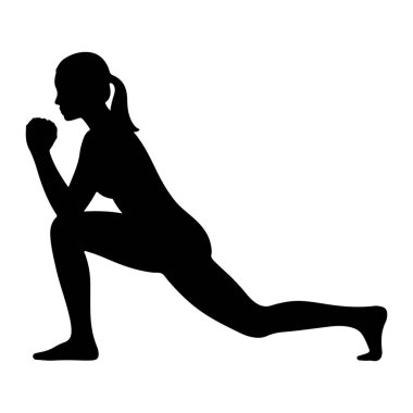 Sol bacağı öne ve dizine eğilmiş ve sağ bacağı geriye doğru uzanmış hamlede duran siyah bir kadın silueti. Kolları dirseklerinden bükülmüş ve yumrukları göğsüne kenetlenmiş. Siluet düz bir w üzerine kuruludur.