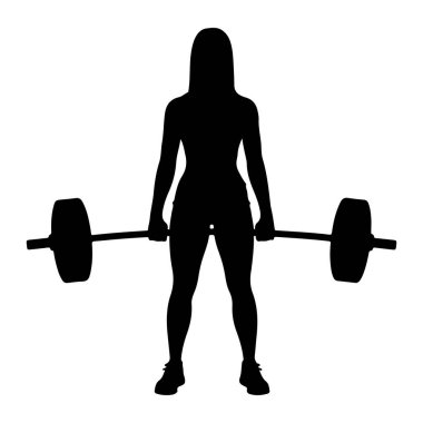 Elinde halterle duran siyah bir kadın silueti. Halterin iki ucunda da ağırlık var. Kadın atletik ayakkabılar giyiyor. Arkaplan beyaz.