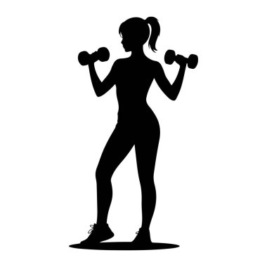 At kuyruklu bir kadının siyah silueti iki elinde de dambıl tutuyor. Spor ayakkabıları giyiyor ve fitness pozisyonunda gibi görünüyor. Arkaplan beyaz.
