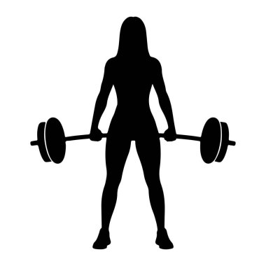 Önünde bir halter olan siyah bir kadın silueti. O, bacakları hafifçe açık olarak öne bakıyor ve kolları ağırlığı tutmak için uzanıyor. Halterin her iki ucunda dairesel ağırlıklar var. Arkaplan beyaz.