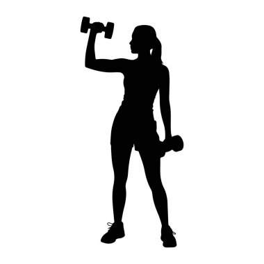 Ayakta duran ve dambılları kaldıran siyah bir kadın silueti. O, atletik giysiler giyiyor ve saçını arkaya bağladı. Dambıllardan biri başının üstünde, diğeri ise yanında duruyor. Siluet beyaz bir arkaplanda izole edilmiş..