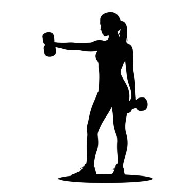 Her iki elinde dambıl tutan siyah bir kadın silueti. Düz bir zeminde, beyaz bir arka planı var. Saçları at kuyruğu şeklinde geri çekiliyor. Silüet temiz ve keskin, atletik yapısını vurguluyor.