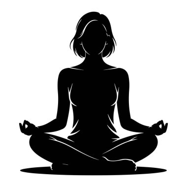Meditasyon pozu veren bir kadının siyah silueti elleri bağdaş kurup dizlerinin üzerinde oturur, baş parmakları ve işaret parmakları bir Mudra 'ya dokunur. Gözleri kapalı ve başı hafifçe eğik. Huzur ve sükunet hissi veriyor. T