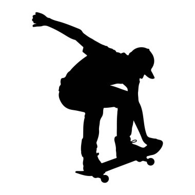 Havada bir kaykaycının siyah silueti bir numara yapıyor. Kaykaycı denge için kollarını açmış bir şapka ve günlük giysiler giyiyor. Görüntü, dinamik duruş ve hareketin vurgulandığı beyaz bir arkaplanda izole edilmiştir.