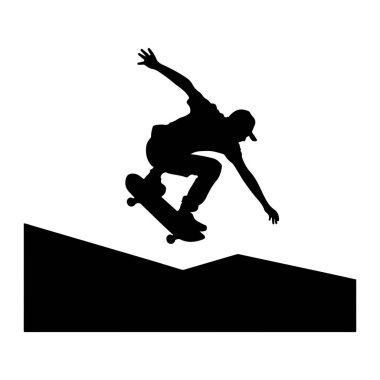 Havada bir kaykaycının siyah silueti bir numara yapıyor. Kaykaycı bir şapka ve günlük giysiler giyiyor. Siluet, bir rampayı ya da aşağıdaki engeli temsil eden siyah bir grafik öğesi ile düz beyaz bir arkaplan üzerine kurulur. Şey...
