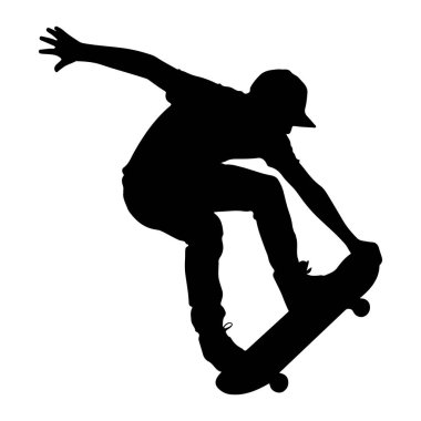 Bir kaykaycının siyah silueti beyaz bir arkaplana karşı havada bir numara yapıyor. Kaykaycı bir kep ve günlük giysiler giyiyor, bir eli dışa doğru uzanıyor ve diğer eli kaykayı kavrıyor. Duruş dinamik bir hareket olduğunu gösteriyor.