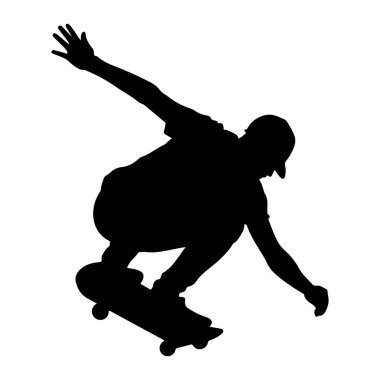Havada bir kaykaycının siyah silueti bir numara yapıyor. Kaykaycı kep takıyor ve denge için kollarını uzatmış dinamik bir poz veriyor gibi görünüyor. Arkaplan bembeyaz, öznenin eylem biçimini vurguluyor..