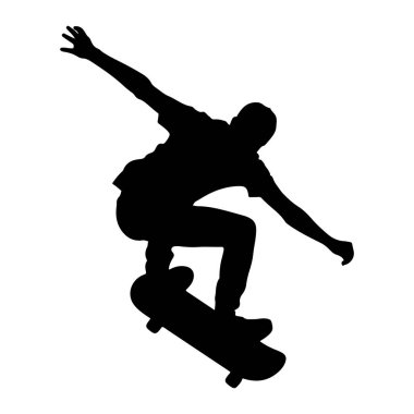 Havada uçan bir kaykaycının siyah silueti bir hava numarası yapıyor. Kaykaycı, kollarını denge için açarak açıya geçti. Beyaz arkaplanda izole edilmiş bir görüntü, sporcunun hareketini ve dinamik duruşunu vurguluyor..