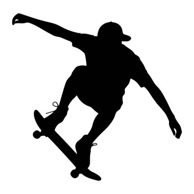 Havadan manevra yapan kaykaylı birinin siyah silueti. Şekil, denge için kollarını açmış bir başlık, tişört ve şort giyiyor. Kaykay havada açılı ve tekerlekler görülebilir. Görüntü bir grafik illus.