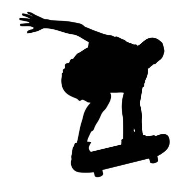 Havada bir kaykaycının siyah silueti bir numara yapıyor. Kaykaycı denge için bir kolu dışa doğru uzanmış şekilde öne eğiliyor. Kaykay ayaklarının altında görünür, hareket halindeymiş gibi açılıdır. Arka plan bembeyaz..