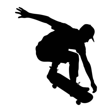 Havada bir kaykaycının siyah silueti bir numara yapıyor. Kaykaycı bir şapka, tişört ve şort giyiyor. Kolları denge için açılır ve kaykay ayaklarının altına yerleştirilir. Arka plan bembeyaz.