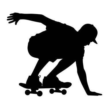 Siyah bir siluet, kaykay üzerinde bir numara yapan birinin. Kaykaycı bir şapka, tişört, şort ve ayakkabı giyiyor. Vücutları eğiliyor, bir kolu yere doğru uzanıyor ve diğeri dirseğe doğru eğiliyor. Kaykay burada. 