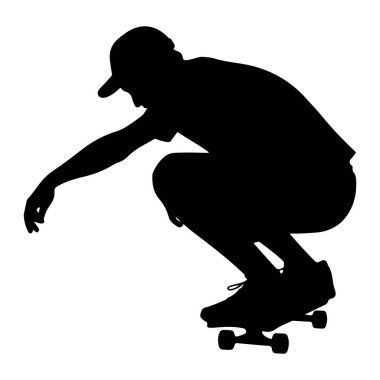 Şapka ve tişört giyen birinin siyah silueti kaykay üzerinde hareket halindeyken görüntülenir. Kaykaycı, bir kolu aşağıya doğru uzanmış bir şekilde çömelmiş, bir numaranın tam ortasında gibi görünüyor. Görüntü simsiyah ve beyaz.