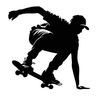 Havada bir kaykaycının siyah silueti bir numara yapıyor. Kaykaycı bir şapka, tişört ve pantolon giyiyor. Kaykay ayaklarının altında görünür, hareket halindeki tekerleklerle. Duruş dinamiktir ve bir atletizm duygusu taşır.