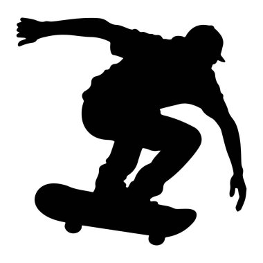 Siyah bir kaykaycı silueti havada kaykay üzerinde bir numara yapıyor. Kaykaycı bir şapka ve günlük giysiler giyiyor. Duruş dinamik, hareket ve beceri göstergesi. Arka plan düz beyaz, silueti vurguluyor..