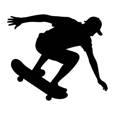 Siyah bir siluet, kaykay üzerinde bir numara yapan birinin. Kaykaycı, bacakları bükülmüş ve kaykayıyla havada duruyor. Şapka ve tişört giyiyorlar. Resim, beyaz arkaplanı olan grafik bir resimdir..
