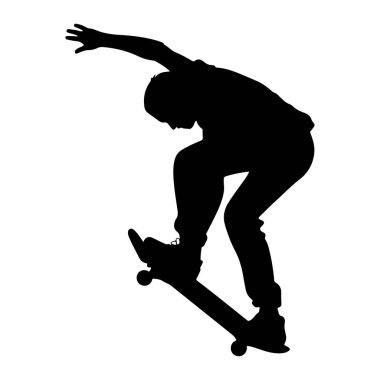 Siyah bir siluet, havada bir kaykayın üzerinde bir numara yapıyor. Kaykaycı bir kolu yukarı doğru uzanıp diğerini büküyor. Kaykay eğilmiş, tekerleklerini gösteriyor. Bu figür beyaz birine karşı izole edilmiş. 