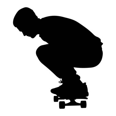 Kaykayın üzerinde çömelmiş siyah bir siluet. Kapüşonlu bir elbise ve spor ayakkabısı giyiyor. Kaykayın görünür dört tekerleği var. Görüntü, beyaz arkaplan, EMP 'ye karşı katıksız bir siyah beyaz grafik çizimi