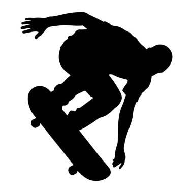 Kaykaylı bir kişinin siyah bir silueti havada yakalanır ve dinamik bir numara yapar. Şekil, kollarını denge için uzatarak eğiliyor ve kaykay ayaklarının altına eğiliyor. Siyah siluet arasındaki zıtlık