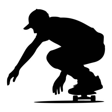 Aksiyonun ortasında kaykaylı bir kişinin siyah silueti. Kaykaycı bir beyzbol şapkası takıyor ve bir kolu açık ve vücudu tahtanın üzerine çömelmiş bir şekilde bir numara yapıyor gibi görünüyor. Görüntü net ve net, beyaz sırtlı.